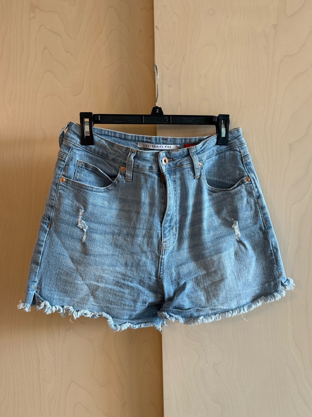 Celebrity Pink Light Denim Distressed Frayed Hem Shorts